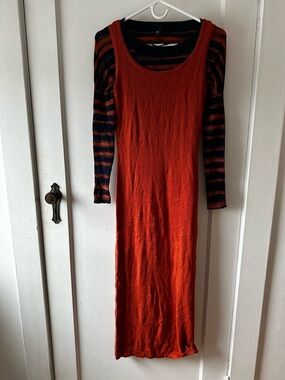Vero Moda Rust Orange Tank Maxi Dress with Navy & Rust Striped Long Sleeves NWOT